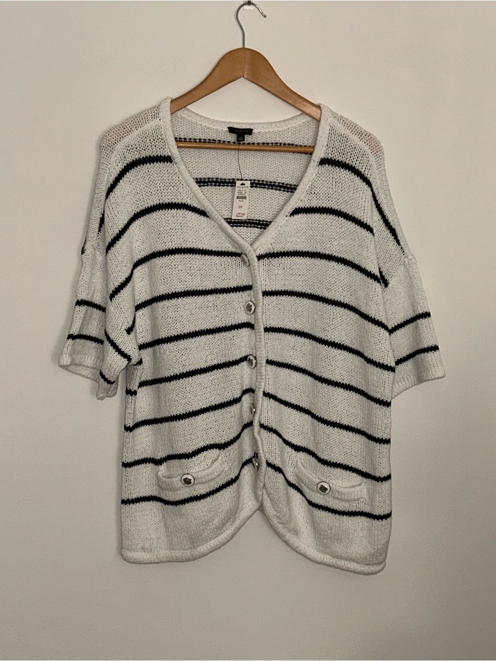Talbots Plus White and Black Striped Button-Front Cardigan NWT 2X